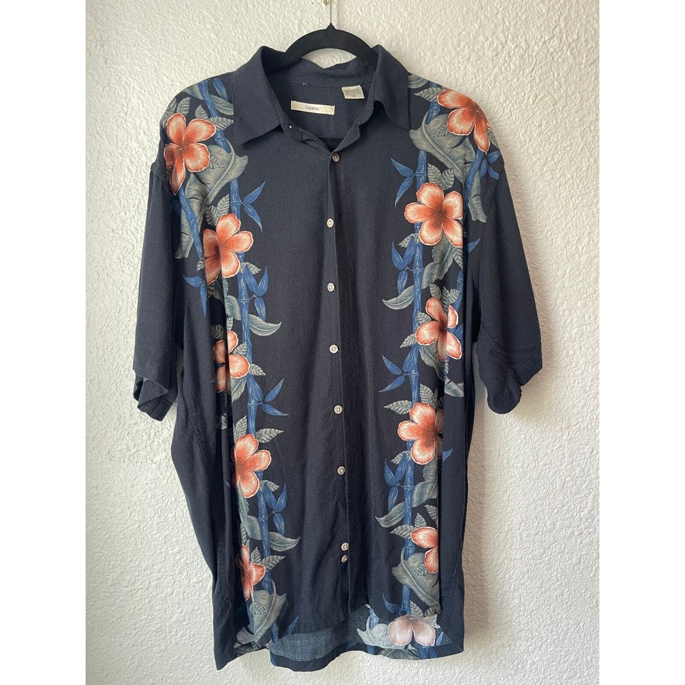 Moda Campia‎ Moda Floral Hawaiian Shirt Resort Tropical Button Up Black M